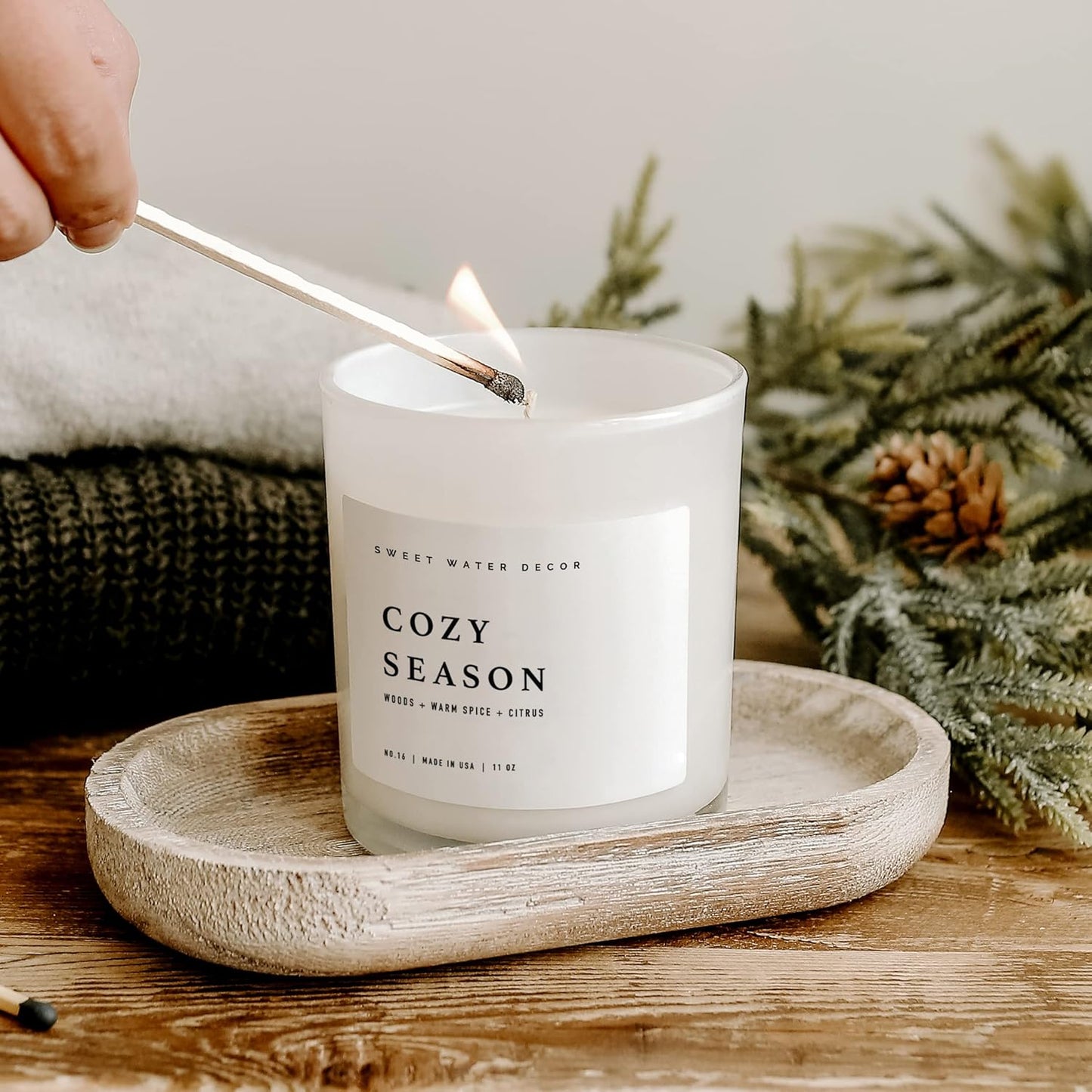 Sweet Water Decor Salt and Sea Candle - Sea Salt, Citrus, Amber, Musk, Beach Scented Soy Candles for Home - 11oz White Glass Jar Wood Lid, 50 Hour Burn Time, Made in the USA