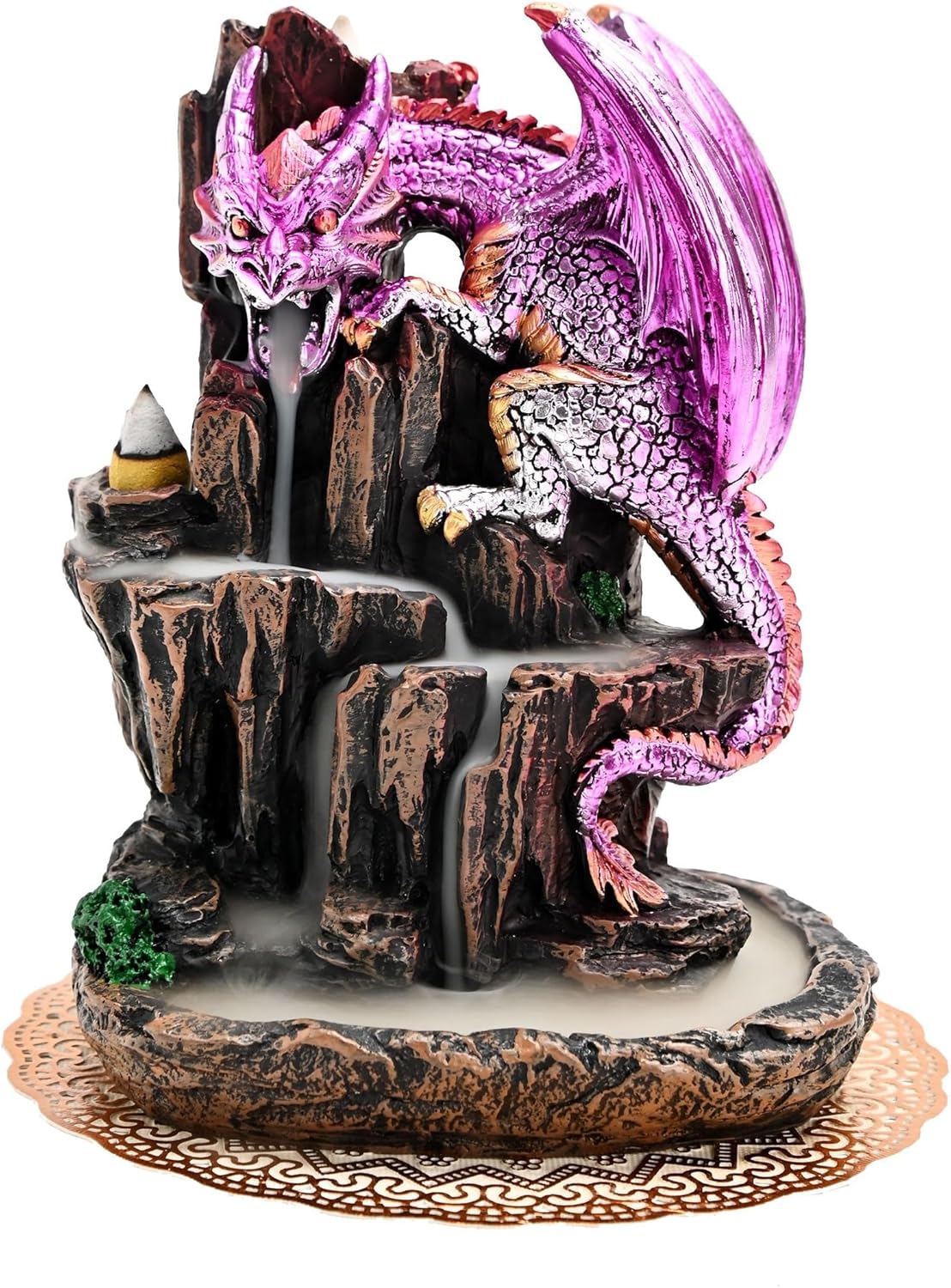 Zvaiuk Dragon Backflow 2 Sided Mountain Waterfall Incense Burner,Fountain Smoke Incense Holder with Backflow Incense Cones, Tweezers, Mat,Resin Aromatherapy Meditationvaiuk (Green)
