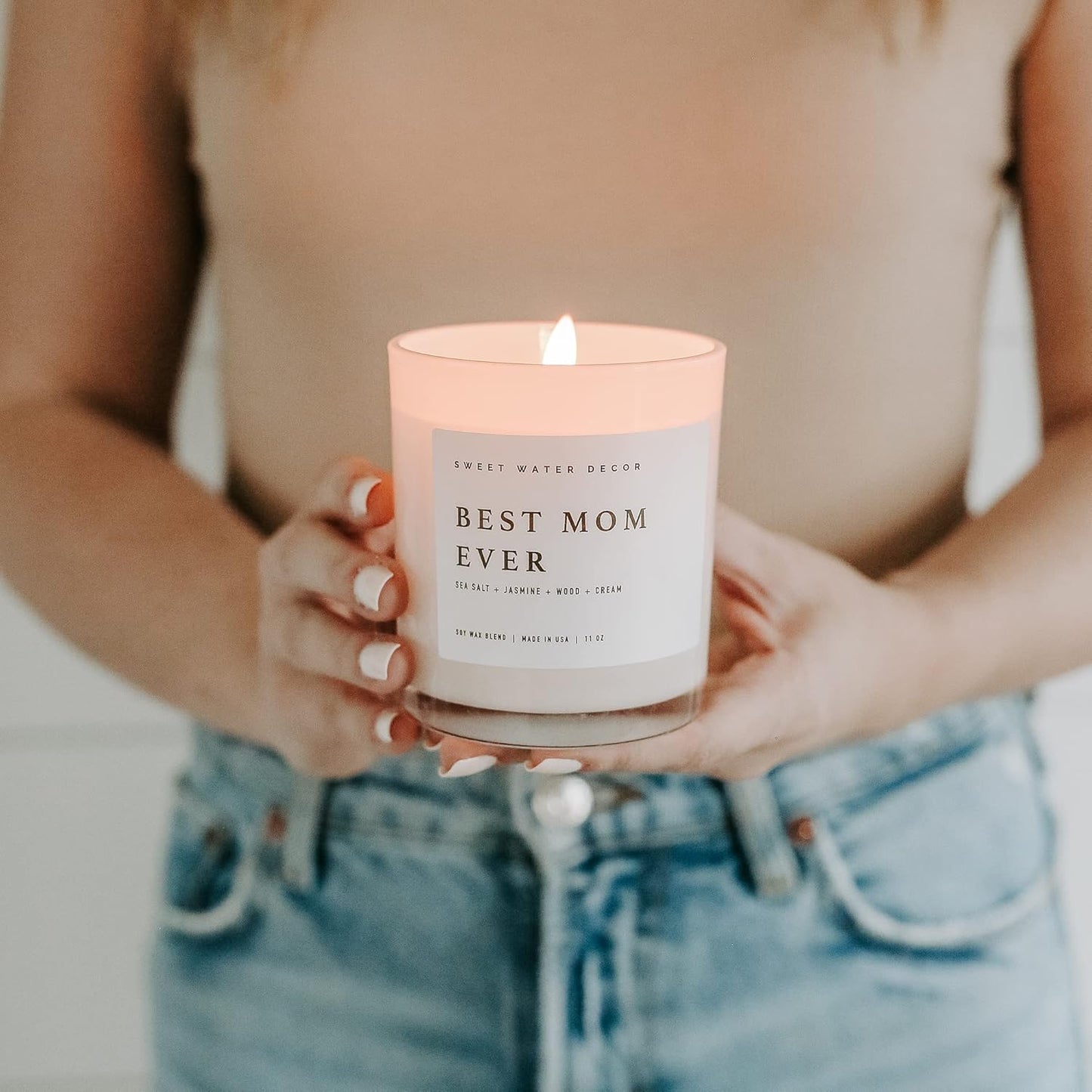 Sweet Water Decor Salt and Sea Candle - Sea Salt, Citrus, Amber, Musk, Beach Scented Soy Candles for Home - 11oz White Glass Jar Wood Lid, 50 Hour Burn Time, Made in the USA