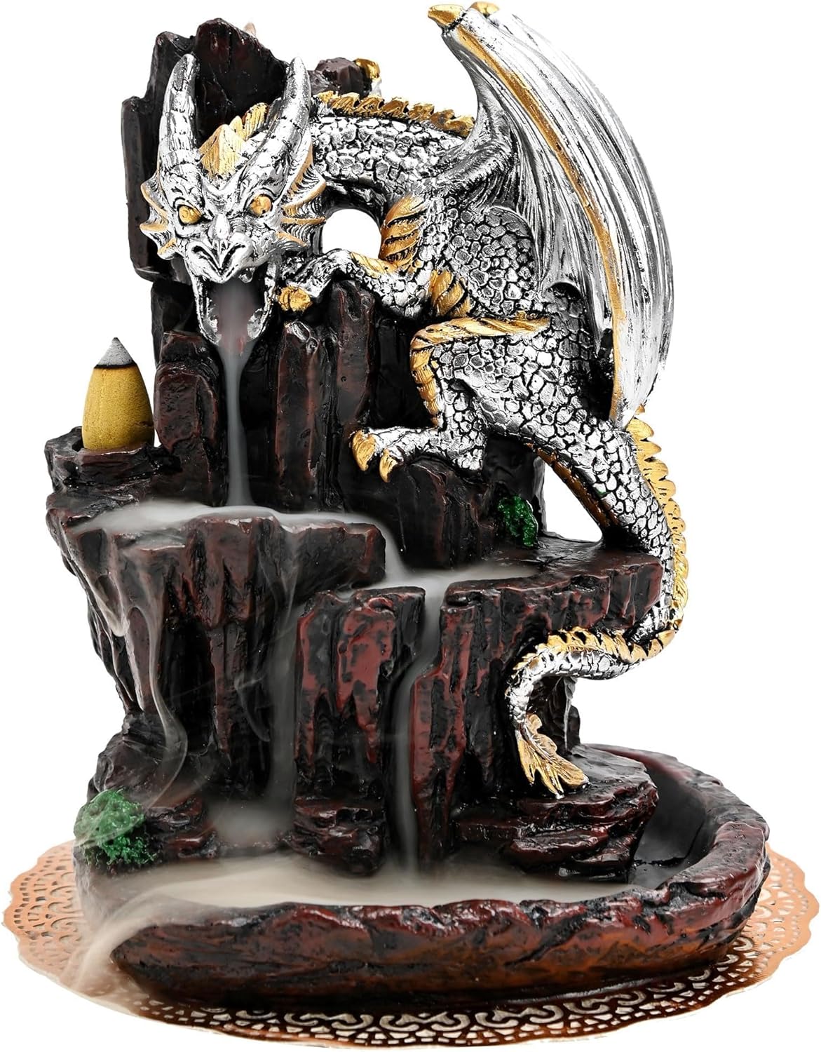 Zvaiuk Dragon Backflow 2 Sided Mountain Waterfall Incense Burner,Fountain Smoke Incense Holder with Backflow Incense Cones, Tweezers, Mat,Resin Aromatherapy Meditationvaiuk (Green)