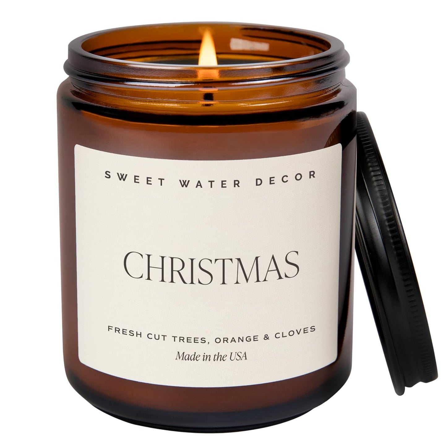 Sweet Water Decor Warm and Cozy Soy Candle - Orange Peel, Cinnamon, Ginger and Clove Scented Candles for Home - 9oz Amber Jar Black Lid, 40 Hour Burn Time, Made in the USA