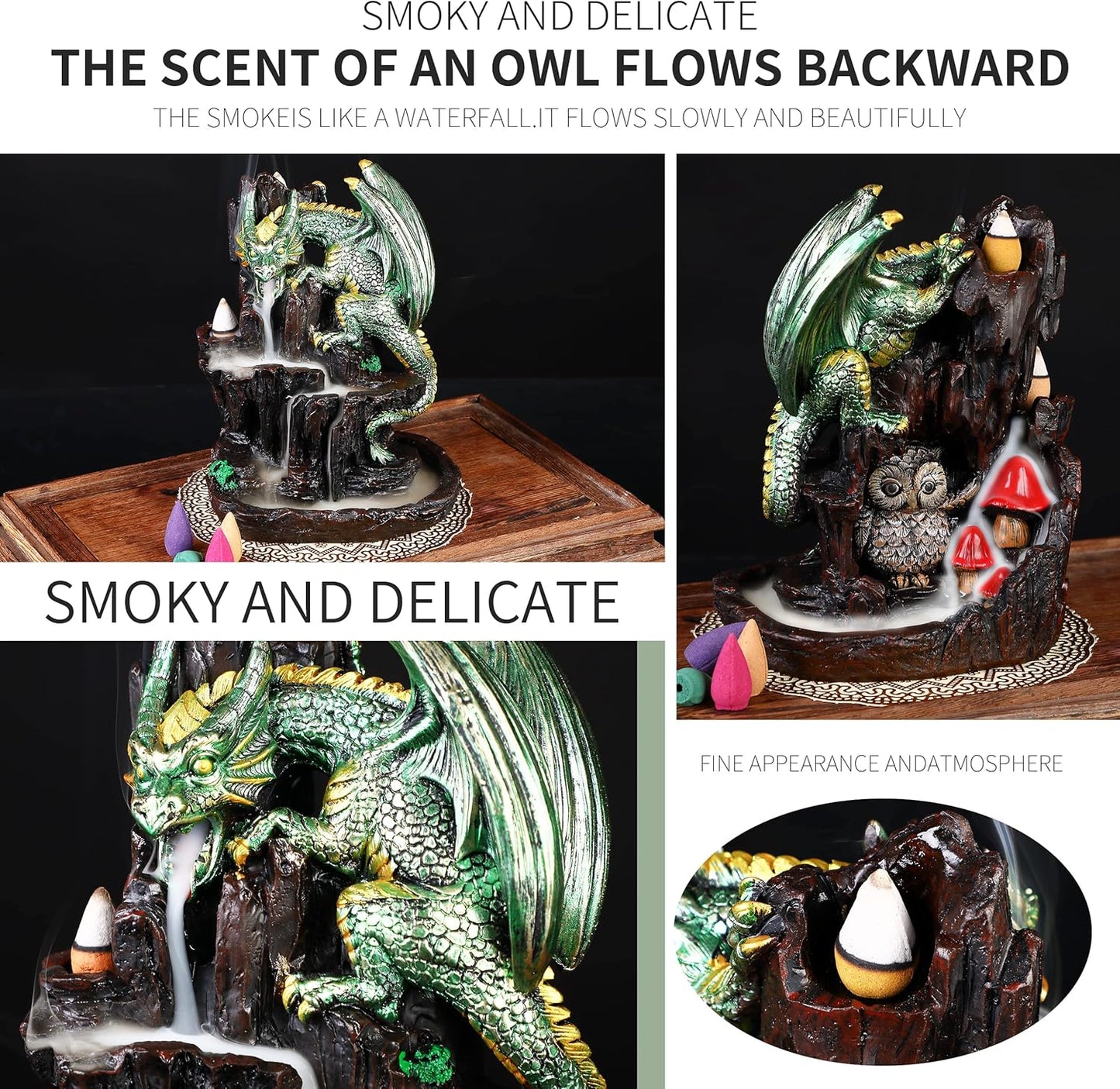 Zvaiuk Dragon Backflow 2 Sided Mountain Waterfall Incense Burner,Fountain Smoke Incense Holder with Backflow Incense Cones, Tweezers, Mat,Resin Aromatherapy Meditationvaiuk (Green)