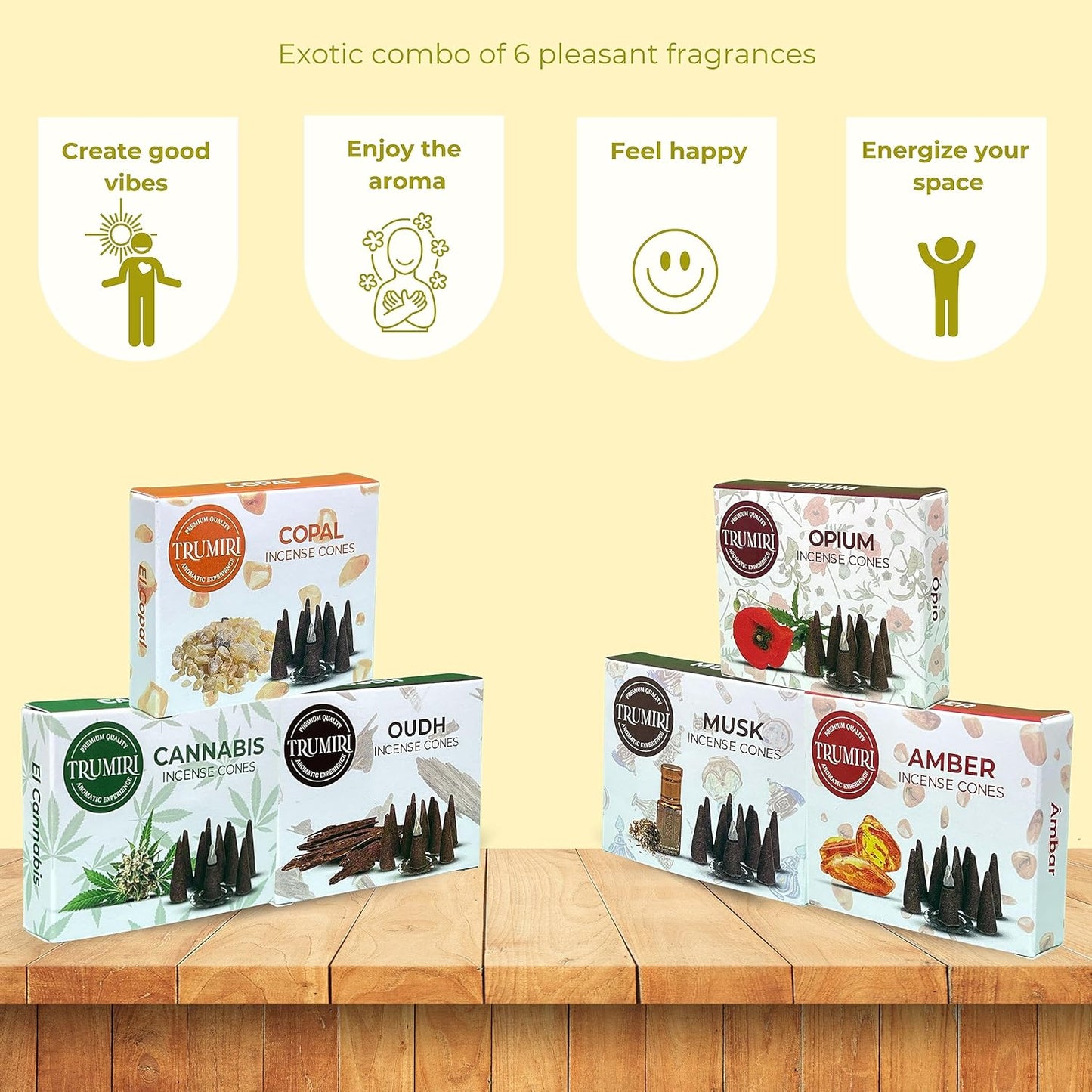 Trumiri Woody Incense Cones - Variety Pack - Total 60 Cone Incense (6 Scents x 10 Conos) - White Sage, Palo Santo, Dragons Blood, Sandalwood - Inscents-Cones Scented - Insense Cones - Incent Cone