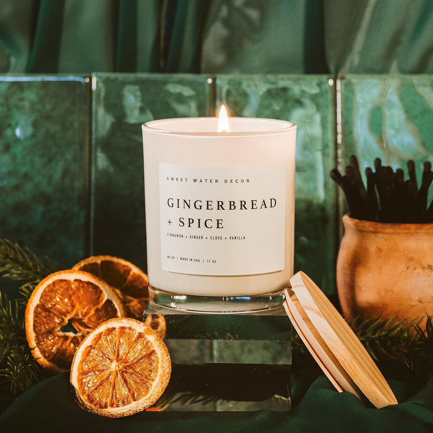 Sweet Water Decor Salt and Sea Candle - Sea Salt, Citrus, Amber, Musk, Beach Scented Soy Candles for Home - 11oz White Glass Jar Wood Lid, 50 Hour Burn Time, Made in the USA