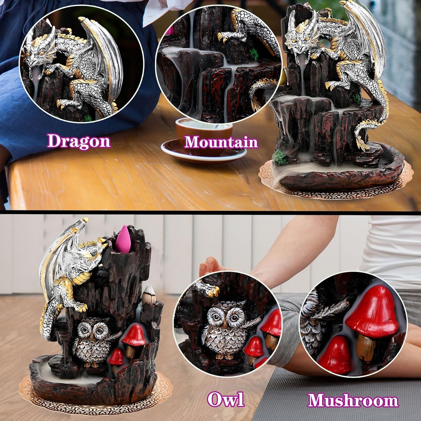 Zvaiuk Dragon Backflow 2 Sided Mountain Waterfall Incense Burner,Fountain Smoke Incense Holder with Backflow Incense Cones, Tweezers, Mat,Resin Aromatherapy Meditationvaiuk (Green)
