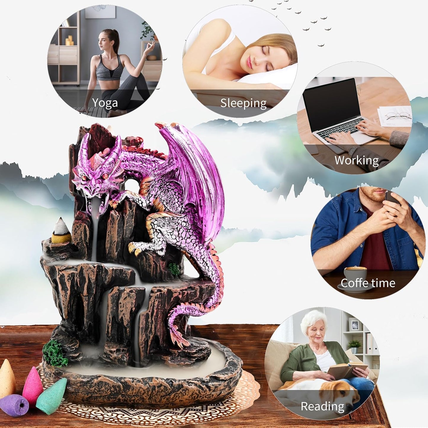 Zvaiuk Dragon Backflow 2 Sided Mountain Waterfall Incense Burner,Fountain Smoke Incense Holder with Backflow Incense Cones, Tweezers, Mat,Resin Aromatherapy Meditationvaiuk (Green)