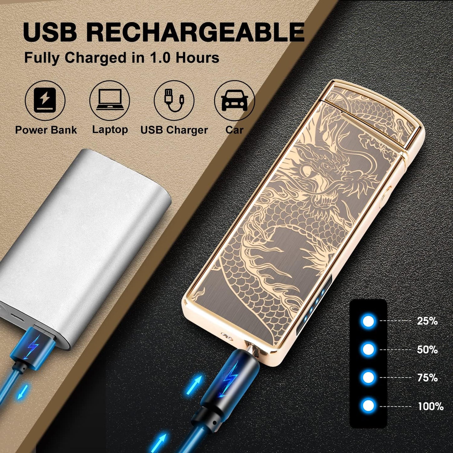 LcFun Electric USB Rechargeable Lighter, Windproof Plasma Dual Arc Lighter with LED Battery Indication, Electronic Flameless Cool Lighters Gifts for Men Fathers Husband (Black Dragon)