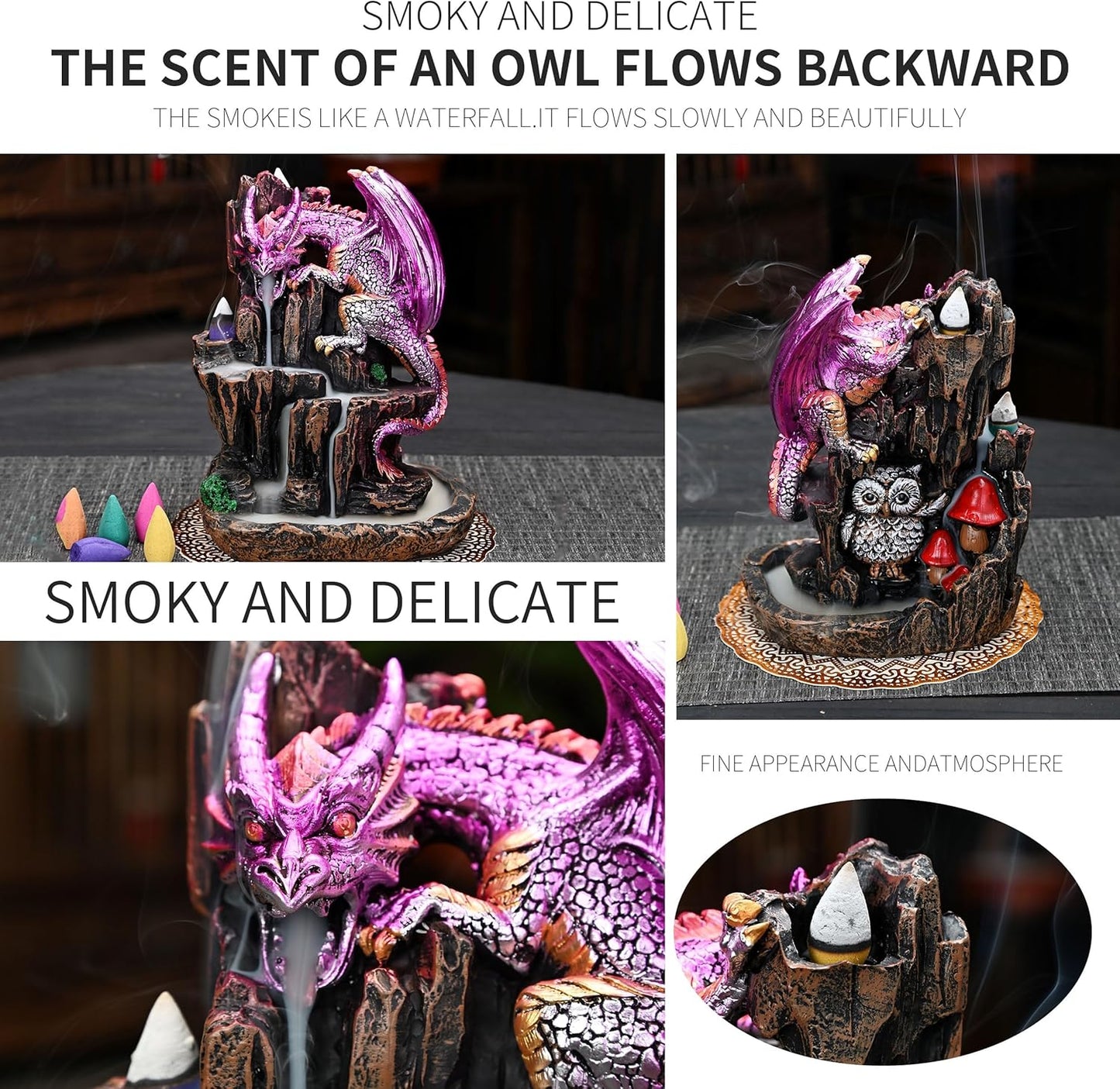 Zvaiuk Dragon Backflow 2 Sided Mountain Waterfall Incense Burner,Fountain Smoke Incense Holder with Backflow Incense Cones, Tweezers, Mat,Resin Aromatherapy Meditationvaiuk (Green)