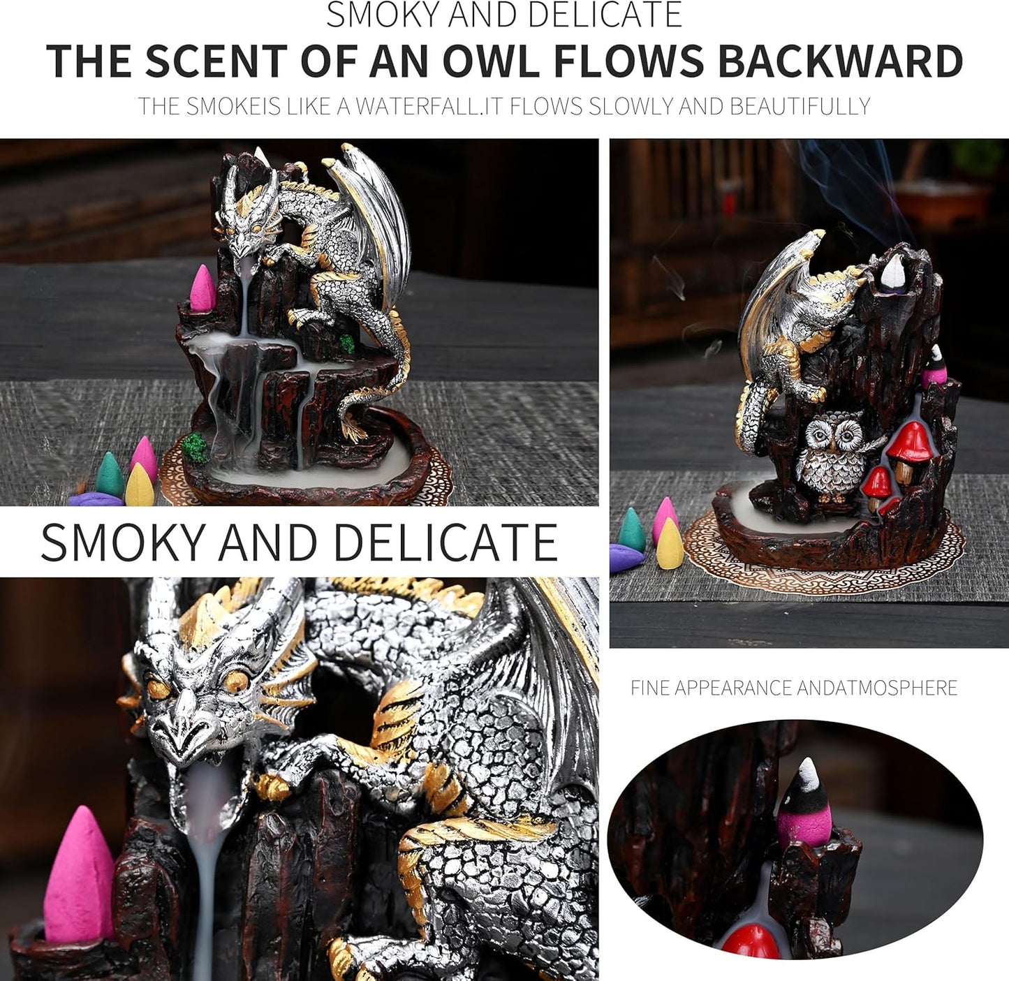 Zvaiuk Dragon Backflow 2 Sided Mountain Waterfall Incense Burner,Fountain Smoke Incense Holder with Backflow Incense Cones, Tweezers, Mat,Resin Aromatherapy Meditationvaiuk (Green)