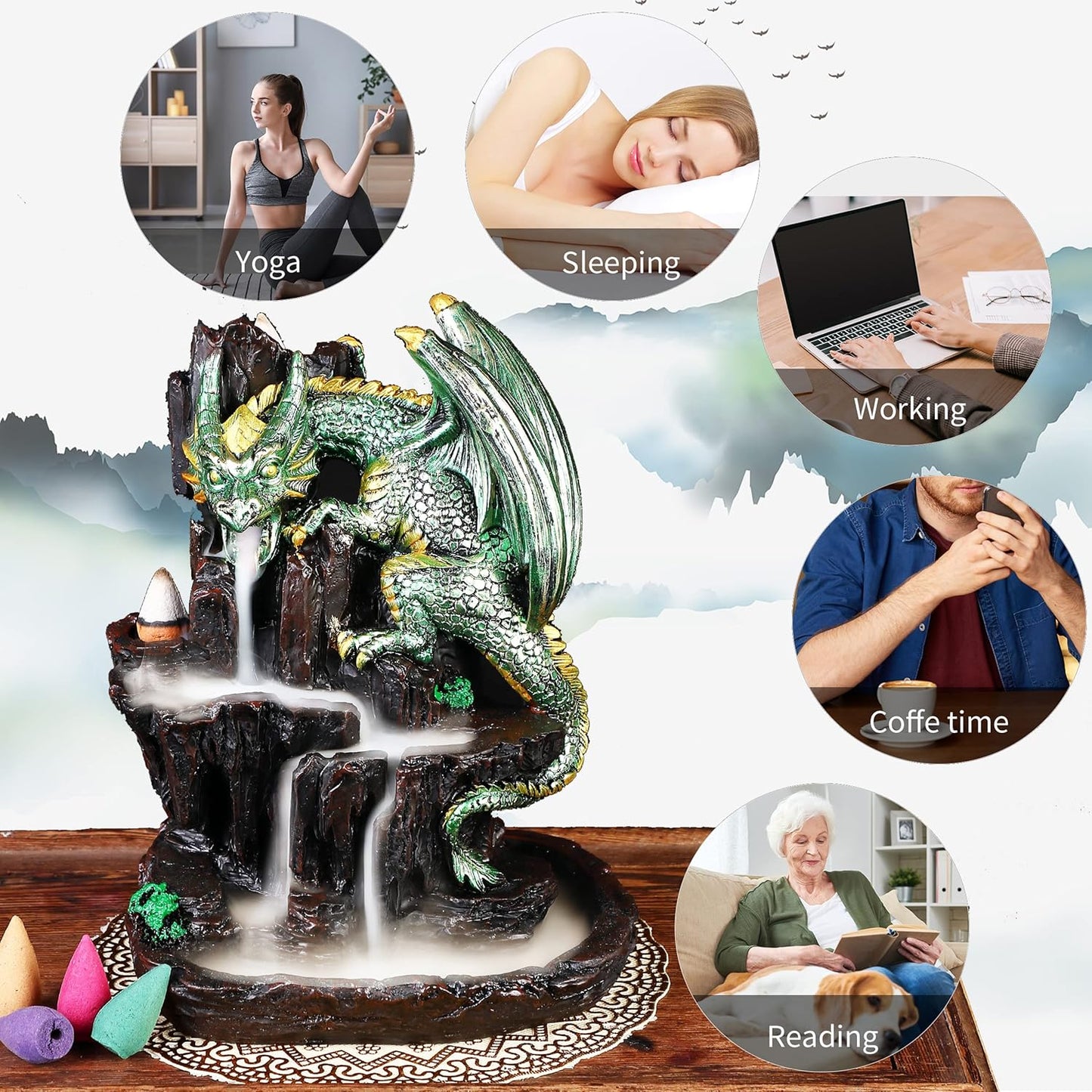 Zvaiuk Dragon Backflow 2 Sided Mountain Waterfall Incense Burner,Fountain Smoke Incense Holder with Backflow Incense Cones, Tweezers, Mat,Resin Aromatherapy Meditationvaiuk (Green)