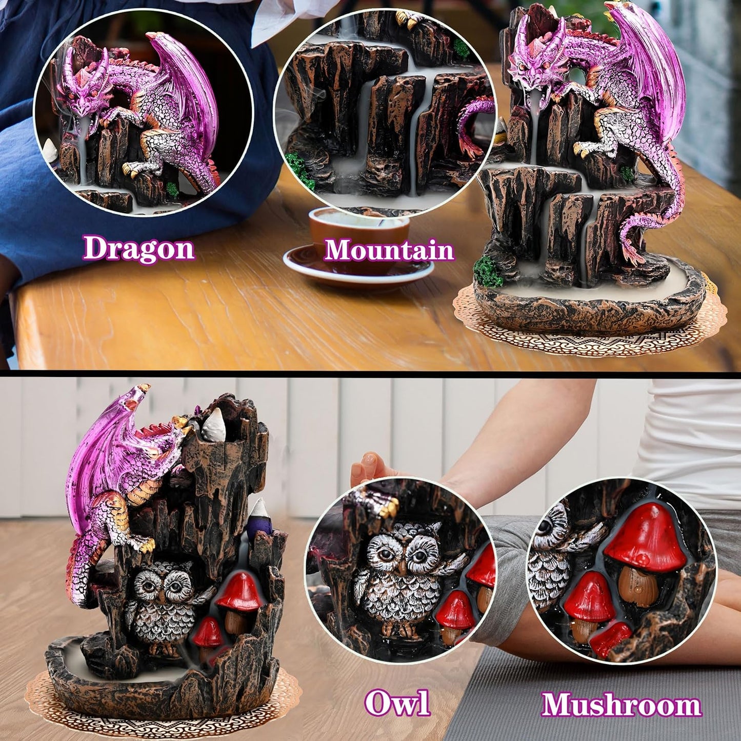 Zvaiuk Dragon Backflow 2 Sided Mountain Waterfall Incense Burner,Fountain Smoke Incense Holder with Backflow Incense Cones, Tweezers, Mat,Resin Aromatherapy Meditationvaiuk (Green)