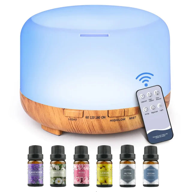 500ML Aromatherapy Oil Diffuser, Aroma Diffuser with 6 Bottle 10ML Essential Oil Set (Lavender, Rose, Jasmine, Lemon, Hilton, Ocean)