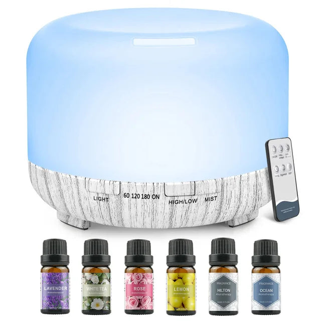 500ML Aromatherapy Oil Diffuser, Aroma Diffuser with 6 Bottle 10ML Essential Oil Set (Lavender, Rose, Jasmine, Lemon, Hilton, Ocean)
