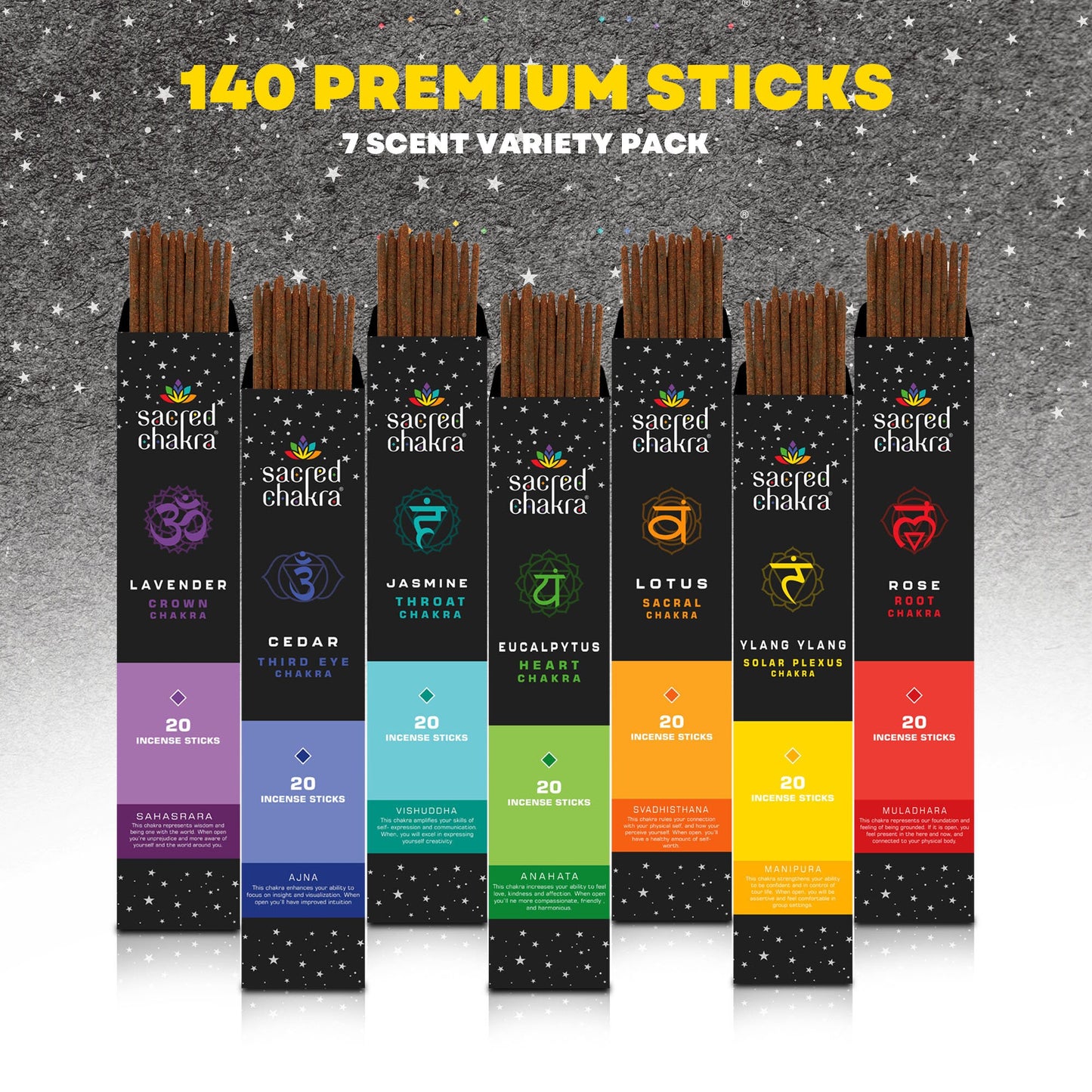 Sacred Chakra Incense Sticks | 140 Incense Sticks for Meditation | 7 Scents for Aromatherapy and Aligning Chakras | Gift Ideas