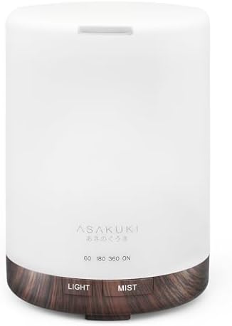 ASAKUKI 300ML Essential Oil Diffuser, Quiet 5-in-1 Premium Humidifier, Natural Home Fragrance Aroma Diffuser with 7 LED Color Changing Light and Auto-Off Safety Switch-Light Brown