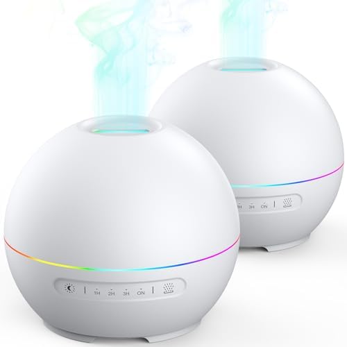 THIMONES 2 Pack Essential Oil Diffusers for Home - 200ml Aromatherapy Diffuser Humidifier with 4 Timers & 7 Colors Night Lights, 20dB Quiet Working for 10 Hours, Waterless Auto-Off