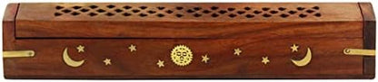 Sheesham Wood Incense Burner Holder - Set of 2 Coffin Style Sun Moon Inlay Handmade Aromatherapy Room Freshener Fragrance Cone Incense Stick Burner Ash Catcher - Zen Home Gift - 12x2x2 - COTTON CRAFT