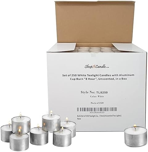 Tea Light Candles in Metal Cups - 4.5 Hours, Long Burning White Unscented Tea Candles - 250 Candles