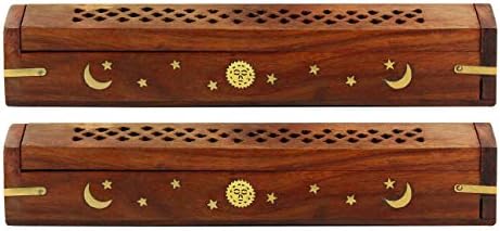 Sheesham Wood Incense Burner Holder - Set of 2 Coffin Style Sun Moon Inlay Handmade Aromatherapy Room Freshener Fragrance Cone Incense Stick Burner Ash Catcher - Zen Home Gift - 12x2x2 - COTTON CRAFT