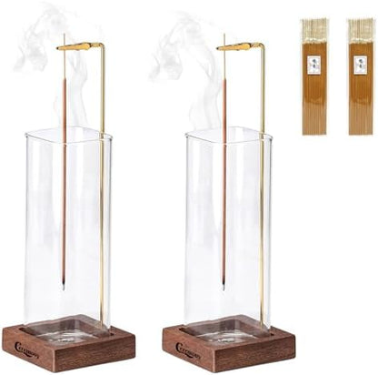 Ceremony Incense Holder, Wooden Incense Holder for Sticks with Glass Ash Catcher, Anti-ash Incense Burner with 20 Incense Sticks and a Ash Brush for Meditation Yoga Spa Room Decor