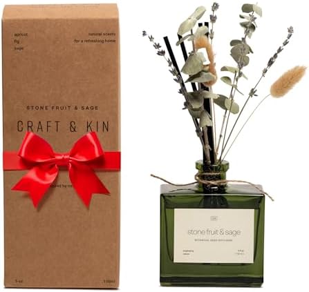 Craft & Kin Reed Diffuser Set with Dried Flowers, 5 oz Santal Woods Scented Reed Diffuser with Sticks