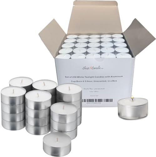 Tea Light Candles in Metal Cups - 4.5 Hours, Long Burning White Unscented Tea Candles - 250 Candles