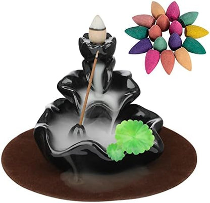 DK177 Waterfall Incense Holder Backflow Cone Ceramic Burner Handcrafted Porcelain Censer Incense Stick Stand with 20 Free Cones