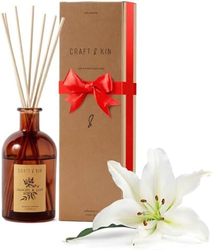 Jasmine & Lily Reed Diffuser | Includes All Natural Essential Oil & 8 Rattan Scent Sticks | Reed Diffuser Set for Bathroom | Reed Diffusers for Home | Long Lasting Home Fragrance in Amber Glass - 5.75oz