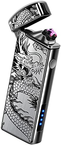 LcFun Electric USB Rechargeable Lighter, Windproof Plasma Dual Arc Lighter with LED Battery Indication, Electronic Flameless Cool Lighters Gifts for Men Fathers Husband (Black Dragon)