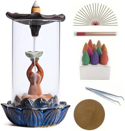 ChangWanna Frog Incense Stick Holder - Ceramic Insence Burner Ash Catcher, Insense Stand with 45 Sandalwood Sticks, Ornament for Aromatherapy/Yoga/Meditation/Home Living Room Office Decor