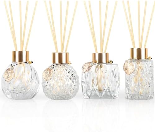 Trifolic Reed Diffuser Set with Metal Golden Decoration, 3.5-4.2oz Empty Reed Diffuser Bottles with 20Pcs Reed Diffuser Sticks, Unique Design Bottles for Home and Office