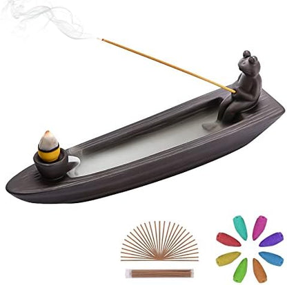ChangWanna Frog Incense Stick Holder - Ceramic Insence Burner Ash Catcher, Insense Stand with 45 Sandalwood Sticks, Ornament for Aromatherapy/Yoga/Meditation/Home Living Room Office Decor