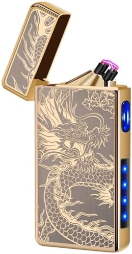 LcFun Electric USB Rechargeable Lighter, Windproof Plasma Dual Arc Lighter, Electronic Flameless Cool Lighters Gifts for Men Fathers Husband (Gold Dragon)