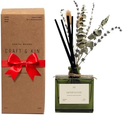 Craft & Kin Reed Diffuser Set with Dried Flowers, 5 oz Santal Woods Scented Reed Diffuser with Sticks