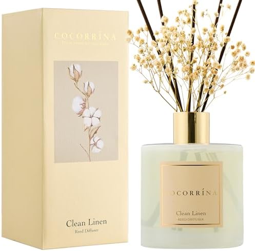 Cocorrína Clean Linen Scented Reed Diffuser Oil with 8 Sticks Fragrance for Bedroom, Bathroom, Oil Diffuser, Home Décor, 6.7 oz. (200 ml)
