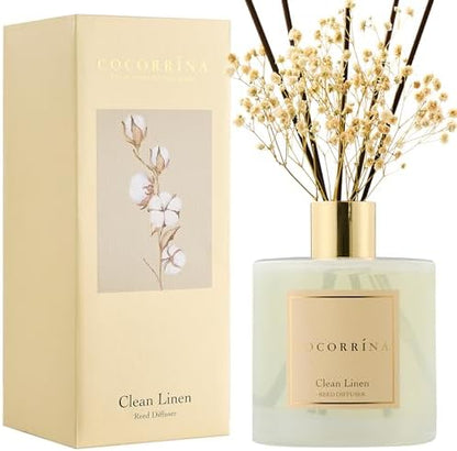 Cocorrína Clean Linen Scented Reed Diffuser Oil with 8 Sticks Fragrance for Bedroom, Bathroom, Oil Diffuser, Home Décor, 6.7 oz. (200 ml)