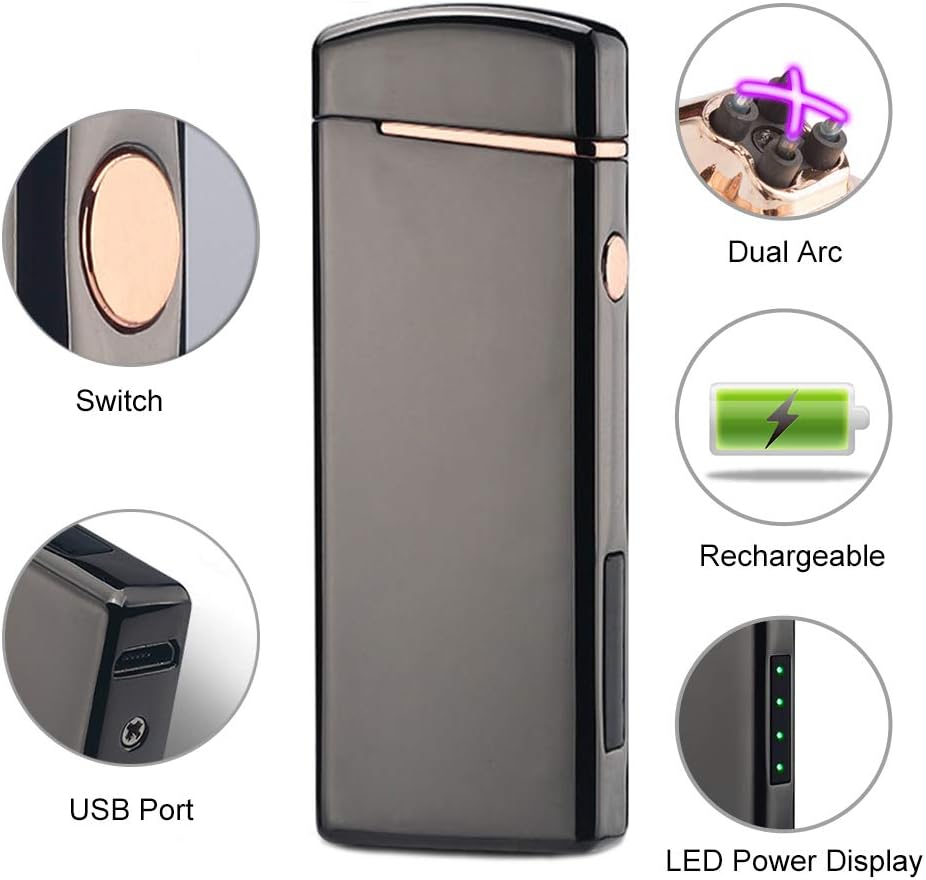 LcFun Electric USB Rechargeable Lighter, Windproof Plasma Dual Arc Lighter with LED Battery Indication, Electronic Flameless Cool Lighters Gifts for Men Fathers Husband (Black Dragon)