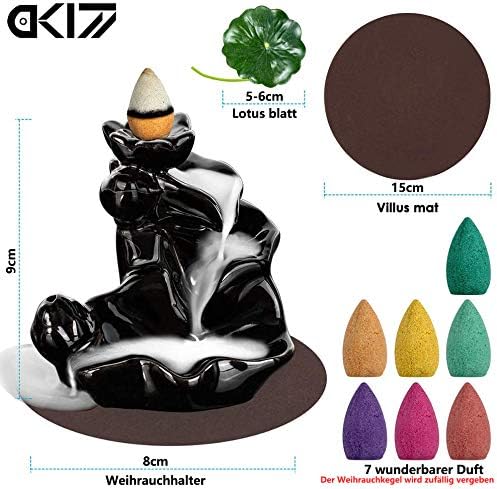 DK177 Waterfall Incense Holder Backflow Cone Ceramic Burner Handcrafted Porcelain Censer Incense Stick Stand with 20 Free Cones