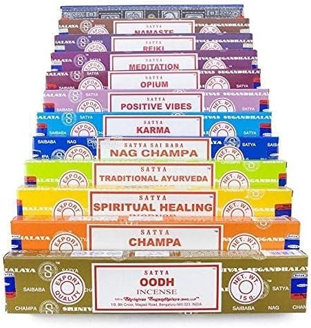 Satya Premium Mix Assorted Incense Sticks Set of 12 Pack | for Meditation, Aromatherapy, Healing, Yoga, Positivity and Relaxation | 180 Sticks (12Packs X 15Sticks)