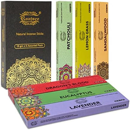 Raajsee Natural Incense Sticks,6 Pack Mixed Scents Gift Pack 15 gm Each (90 gm Total), Insense Sticks Variety Pack, 100% Organic Non Toxic Natural - Hand Rolled Free from Chemicals