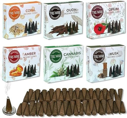 Trumiri Woody Incense Cones - Variety Pack - Total 60 Cone Incense (6 Scents x 10 Conos) - White Sage, Palo Santo, Dragons Blood, Sandalwood - Inscents-Cones Scented - Insense Cones - Incent Cone