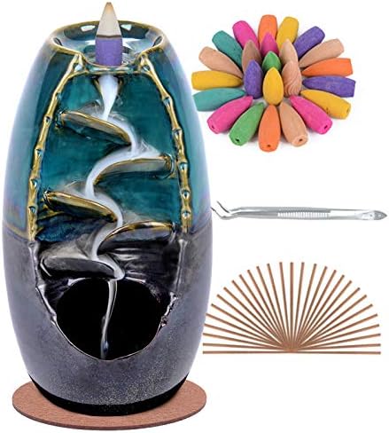 SPACEKEEPER Ceramic Backflow Incense Holder and Burner Waterfall, with 120 Backflow Incense Cones   30 Incense Stick, Aromatherapy Ornament Home Decor, Blue Set