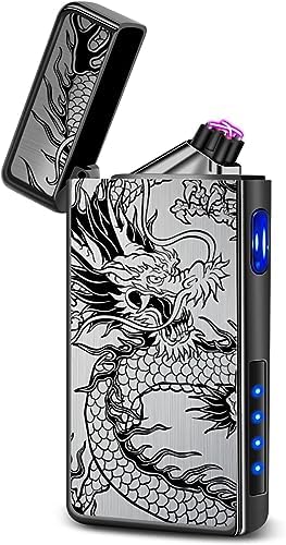 LcFun Electric USB Rechargeable Lighter, Windproof Plasma Dual Arc Lighter, Electronic Flameless Cool Lighters Gifts for Men Fathers Husband (Gold Dragon)