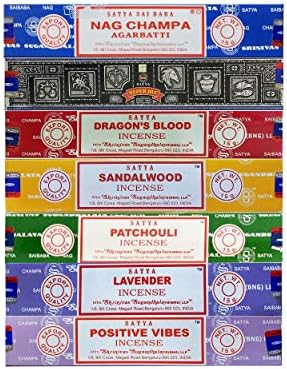 Satya Incense Gift Set Nag Champa, Super hit, Dragon's Blood, Sandalwood, Patchouli, Lavender, Positive Vibes, 15 g