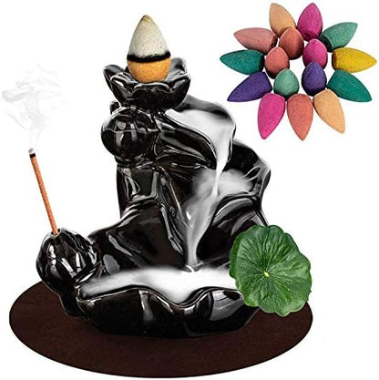 DK177 Waterfall Incense Holder Backflow Cone Ceramic Burner Handcrafted Porcelain Censer Incense Stick Stand with 20 Free Cones