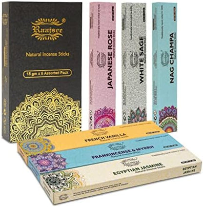 Raajsee Natural Incense Sticks,6 Pack Mixed Scents Gift Pack 15 gm Each (90 gm Total), Insense Sticks Variety Pack, 100% Organic Non Toxic Natural - Hand Rolled Free from Chemicals