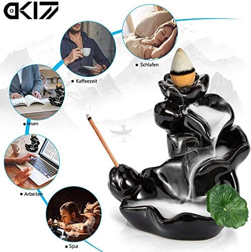 DK177 Waterfall Incense Holder Backflow Cone Ceramic Burner Handcrafted Porcelain Censer Incense Stick Stand with 20 Free Cones