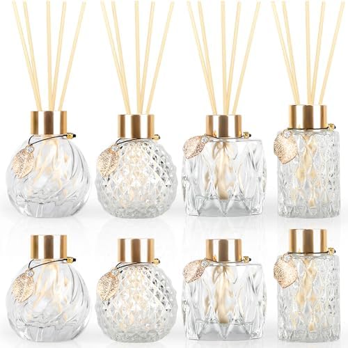 Trifolic Reed Diffuser Set with Metal Golden Decoration, 3.5-4.2oz Empty Reed Diffuser Bottles with 20Pcs Reed Diffuser Sticks, Unique Design Bottles for Home and Office
