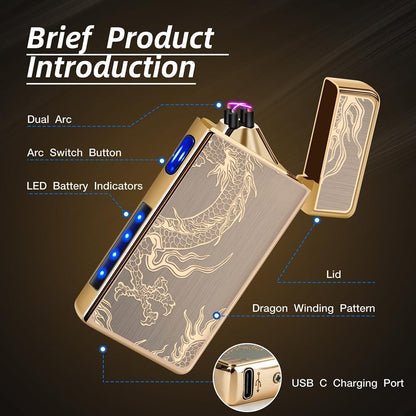 LcFun Electric USB Rechargeable Lighter, Windproof Plasma Dual Arc Lighter, Electronic Flameless Cool Lighters Gifts for Men Fathers Husband (Gold Dragon)
