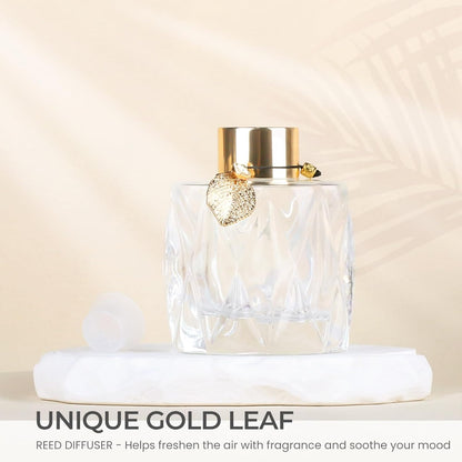 Trifolic Reed Diffuser Set with Metal Golden Decoration, 3.5-4.2oz Empty Reed Diffuser Bottles with 20Pcs Reed Diffuser Sticks, Unique Design Bottles for Home and Office